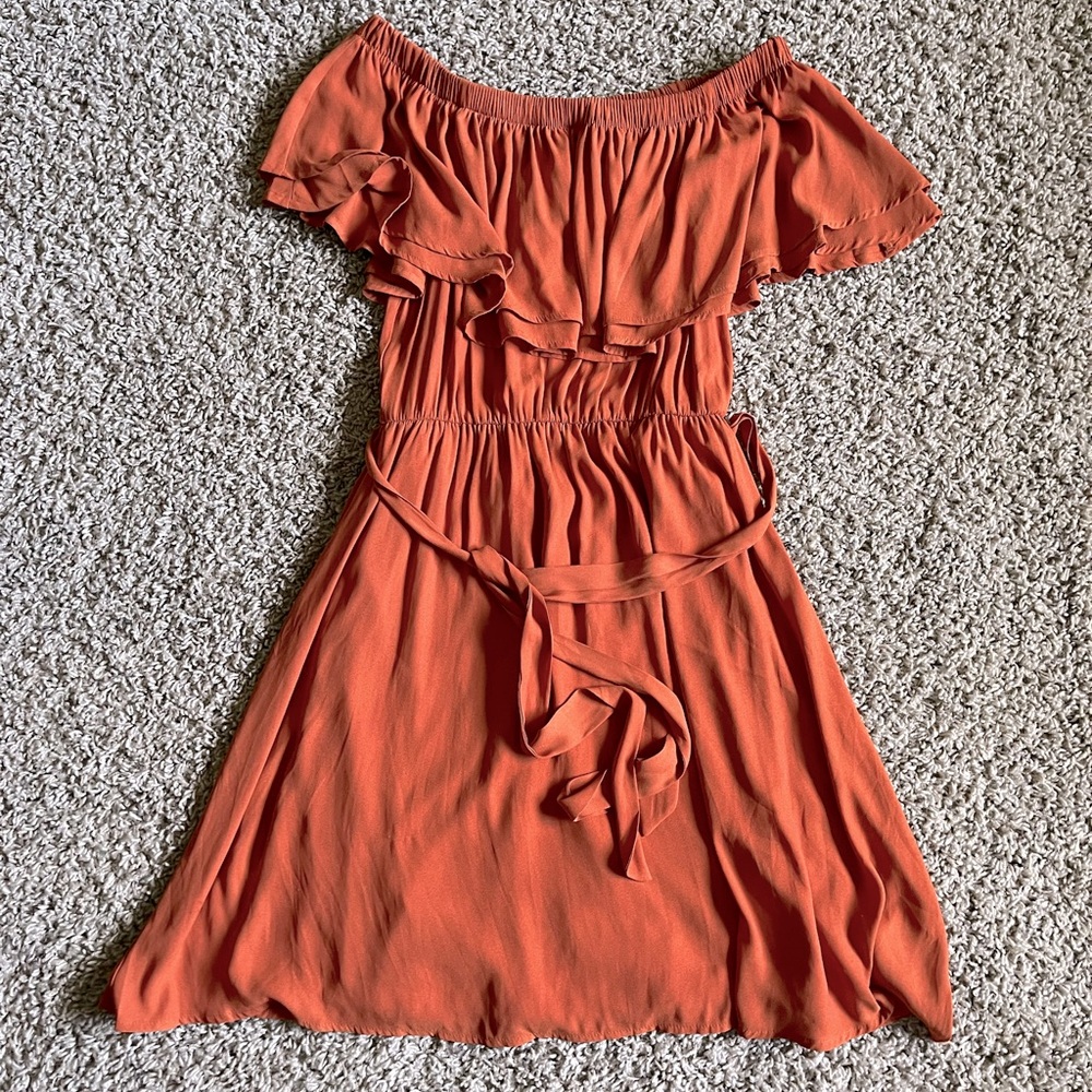 Lush Rust Orange Off The Shoulder Tie Waist Mini Dress. Size XS